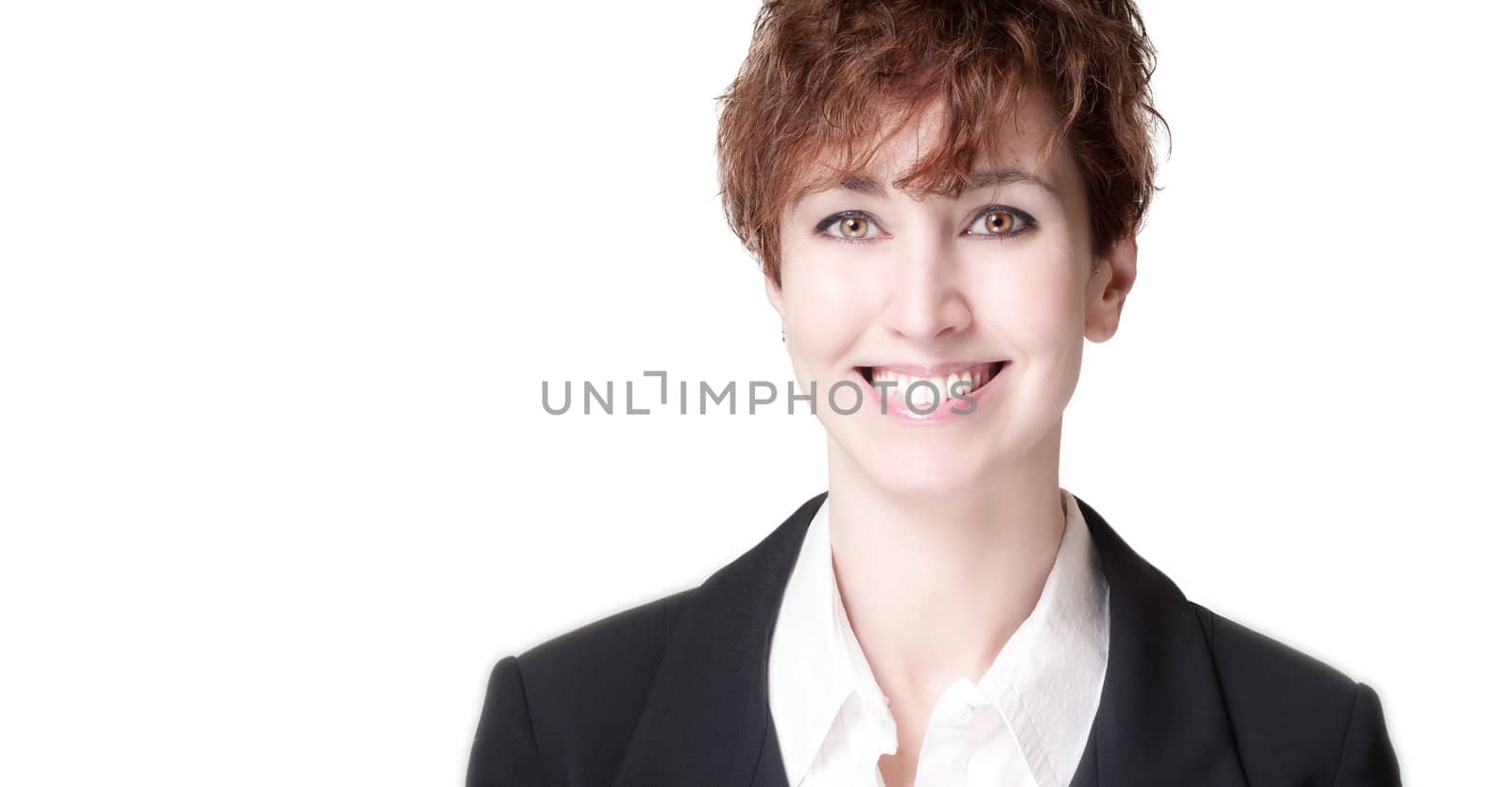 smiling success short hair business woman on white background