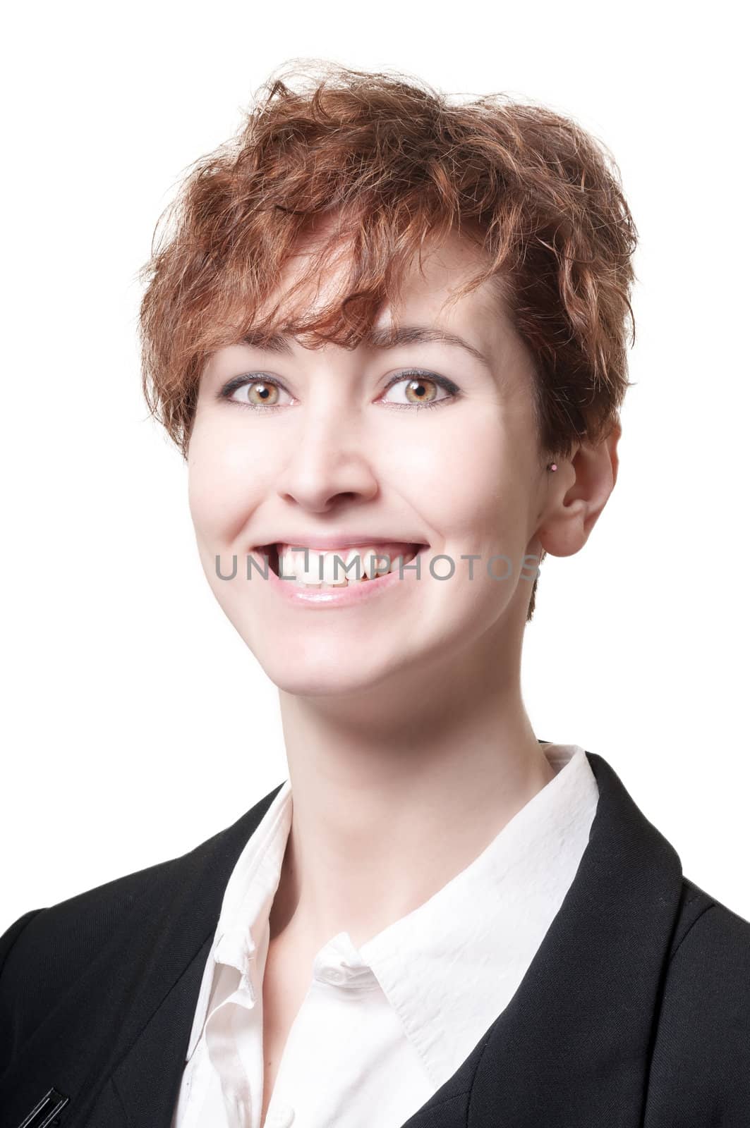 smiling success short hair business woman on white background