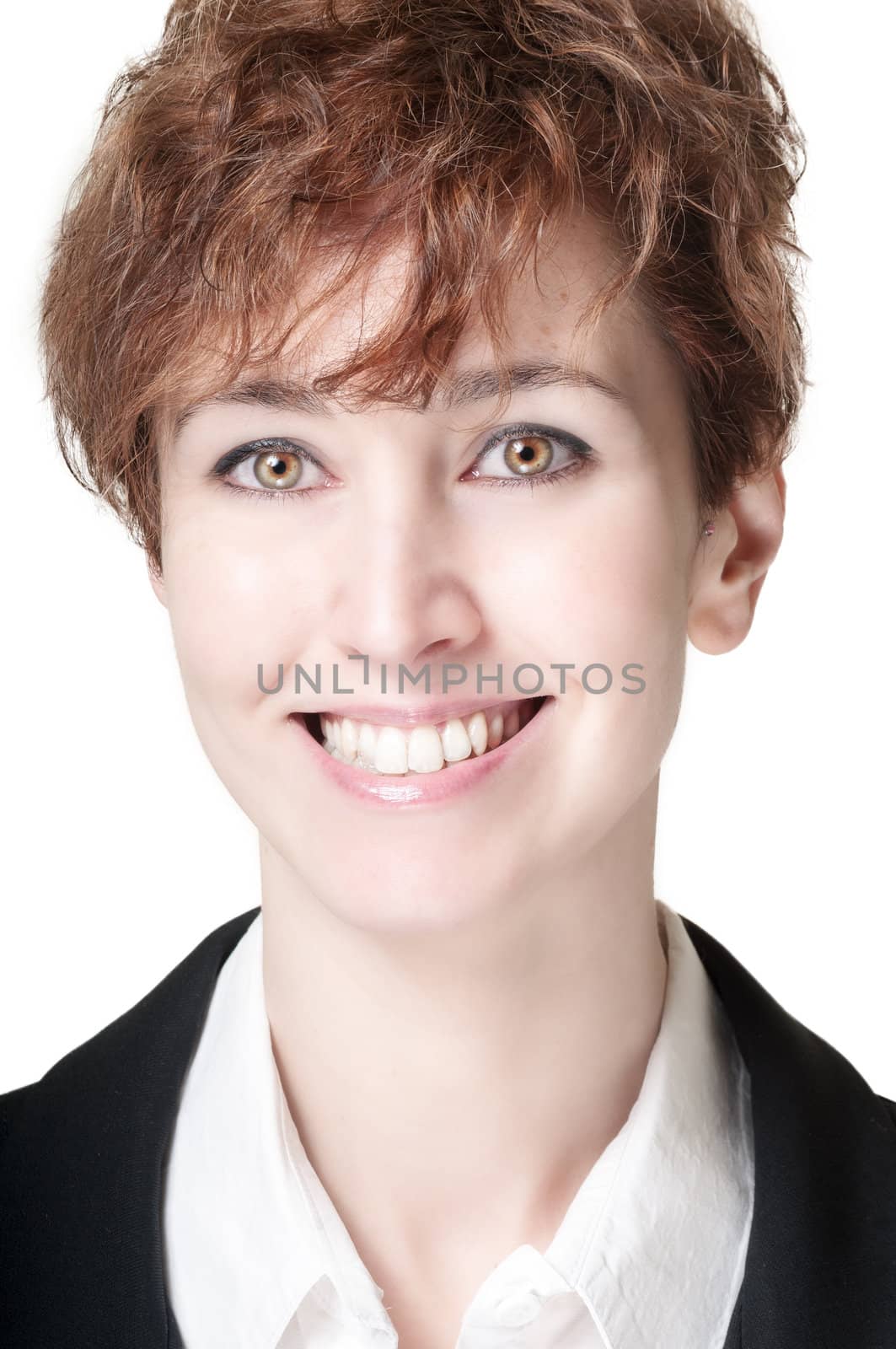 smiling success short hair business woman on white background