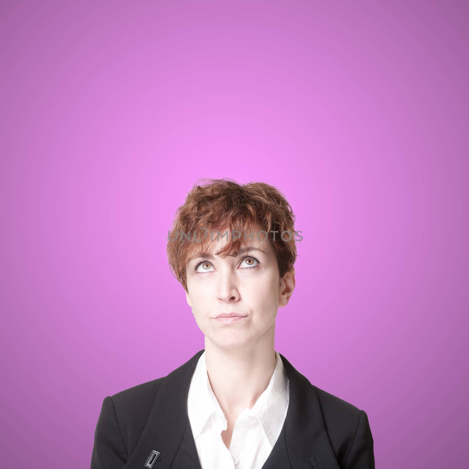 thinking success short hair business woman on white background