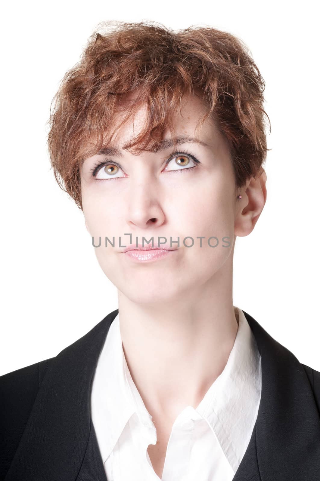 thinking success short hair business woman on white background