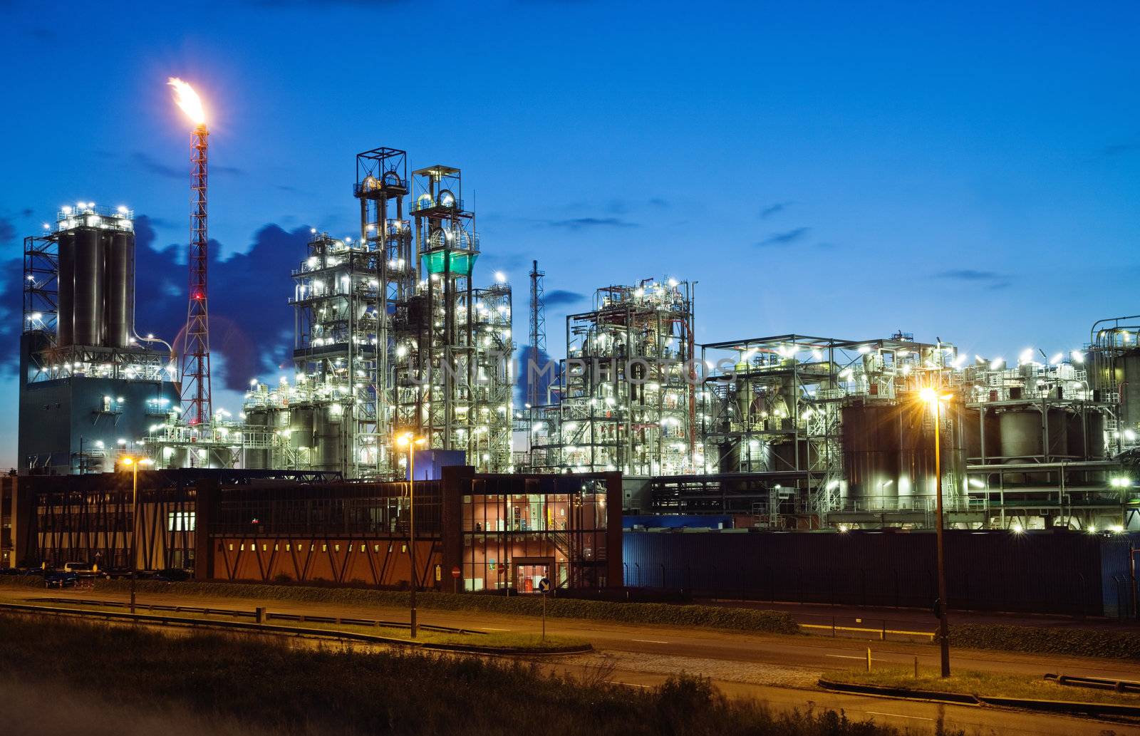 Operational petrochemical plant in twilight (Anwerp port, Belgium)