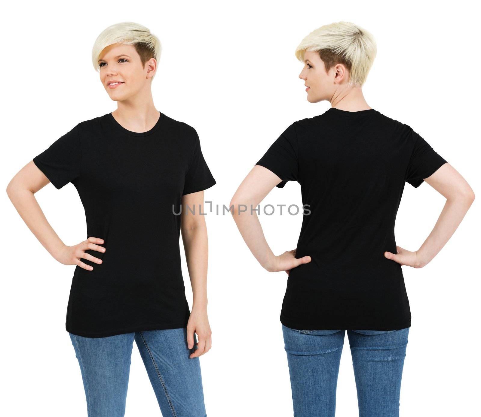 Young beautiful blond female with blank black shirt, front and back. Ready for your design or artwork.