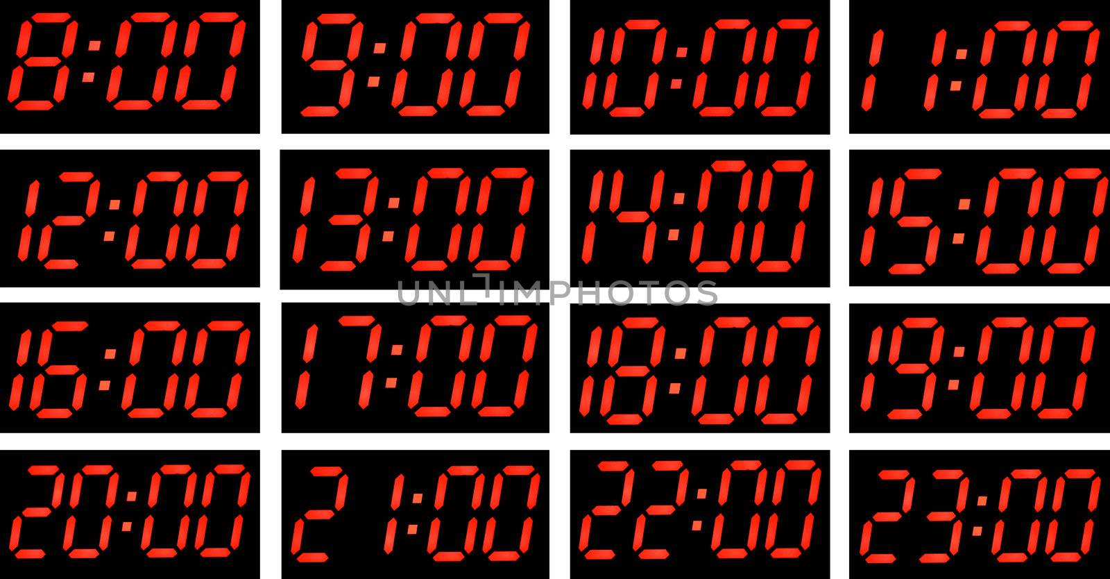 Collage time. Digital red numbers on a black background
