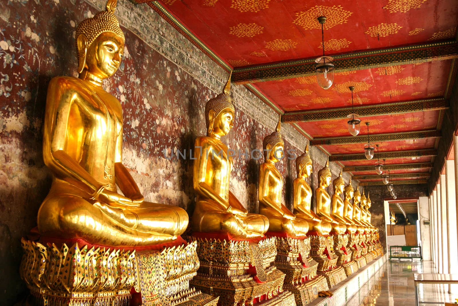 Buddha statues at the temple at Bangkok, Thailand