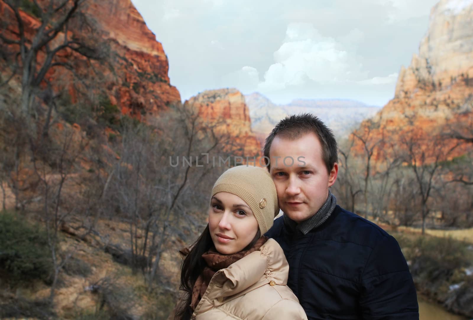 Young pair in the Zion national park in Utah on winter