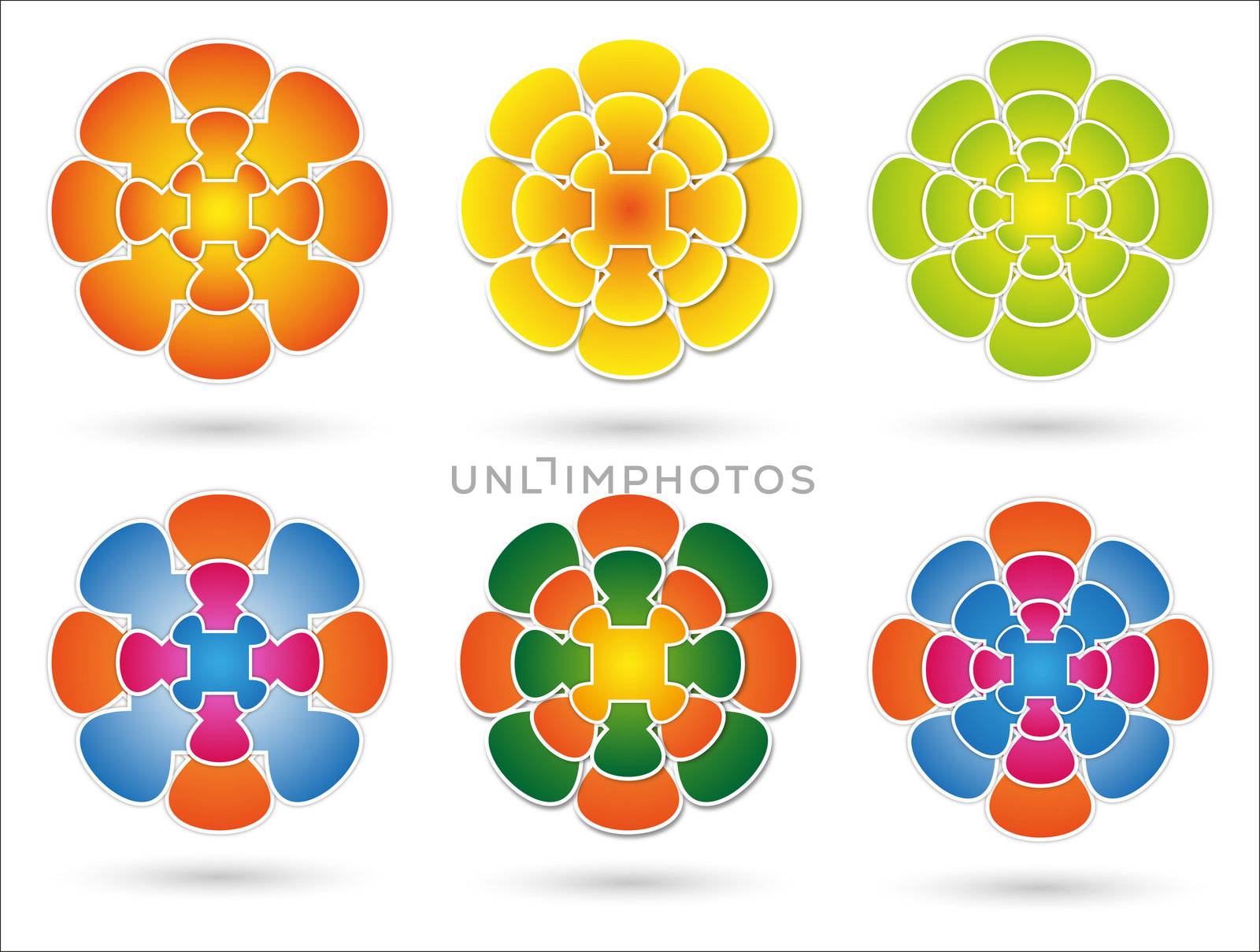 different combinations of colored mandala on white background