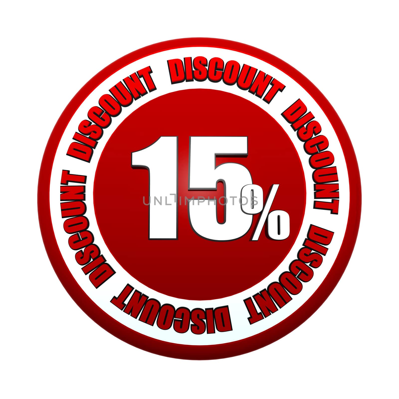 15 percentages discount - 3d red white circle label with text, business concept