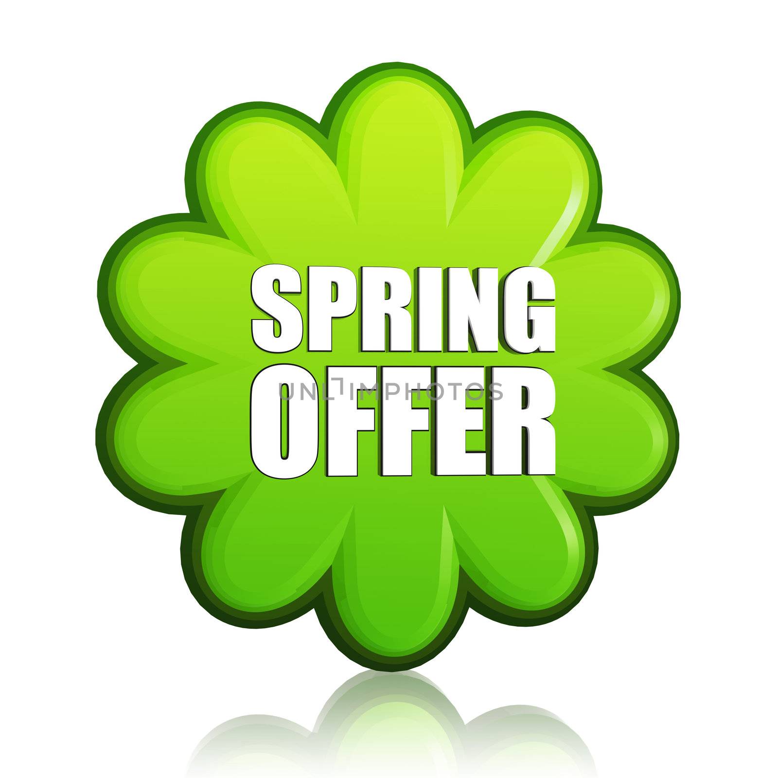 spring offer banner - 3d green flower label with white text, business concept