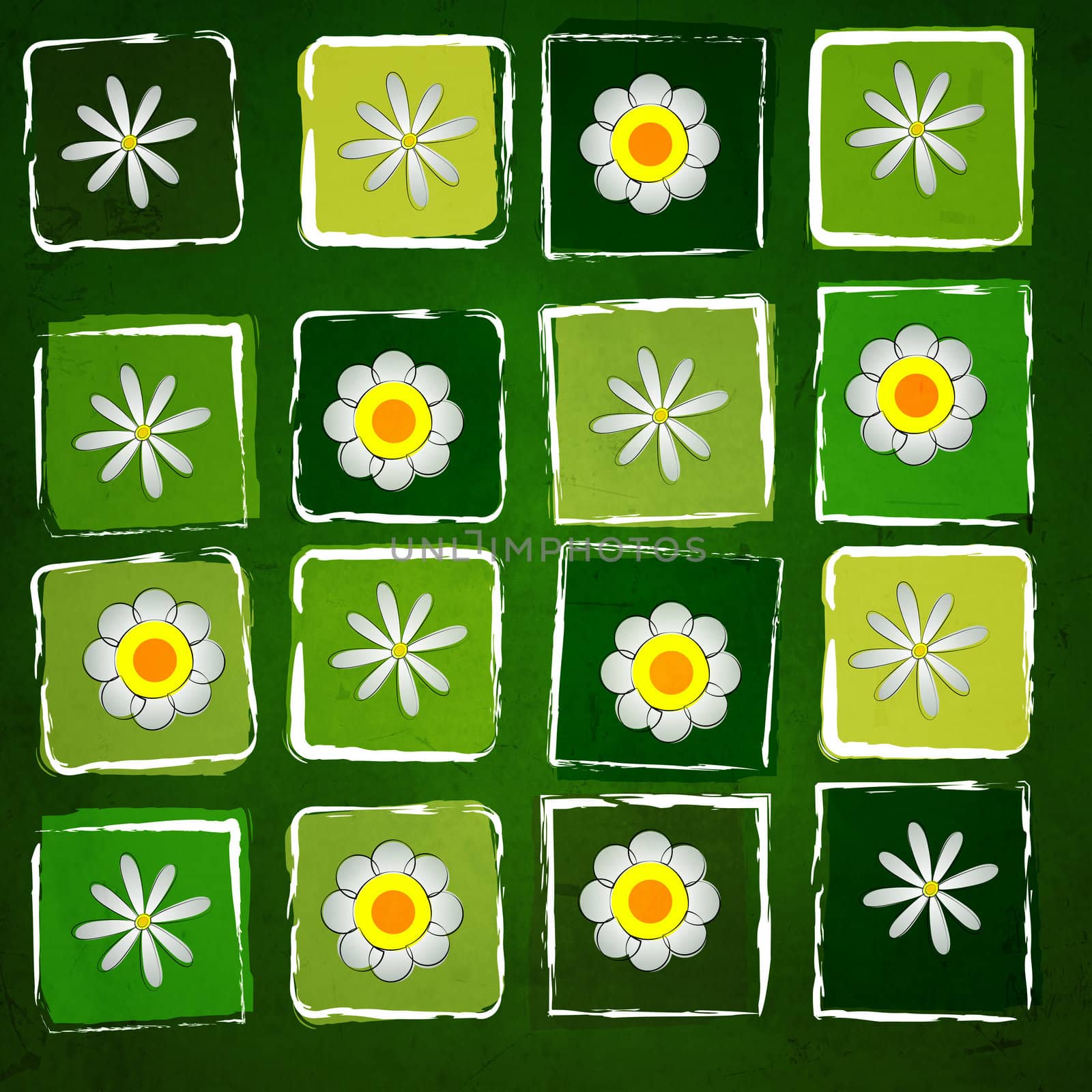 white flowers in squares over green old paper background by marinini