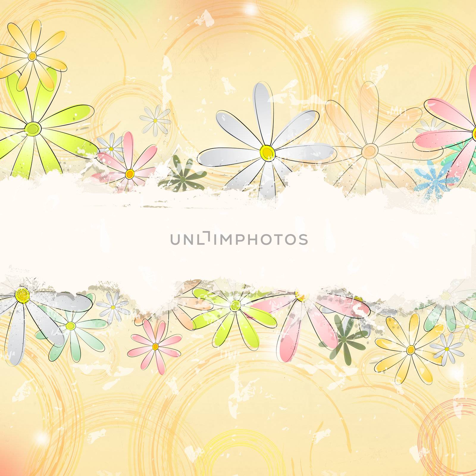 spring flowers over beige old paper background with circles by marinini