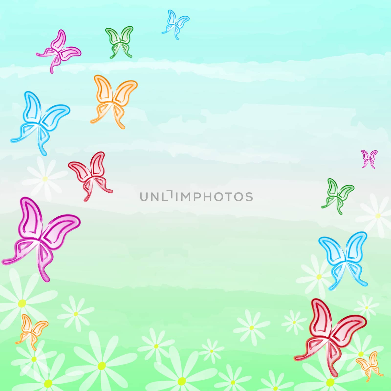 multicolored butterflies and white flowers over blue spring background