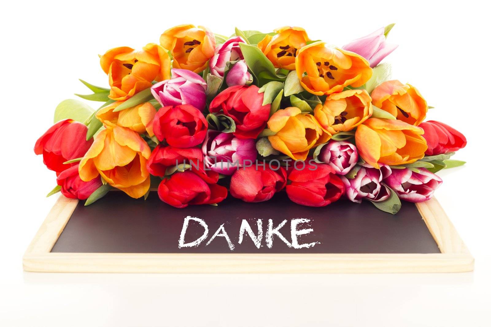 Bunch of tulips with blackboard: thank you