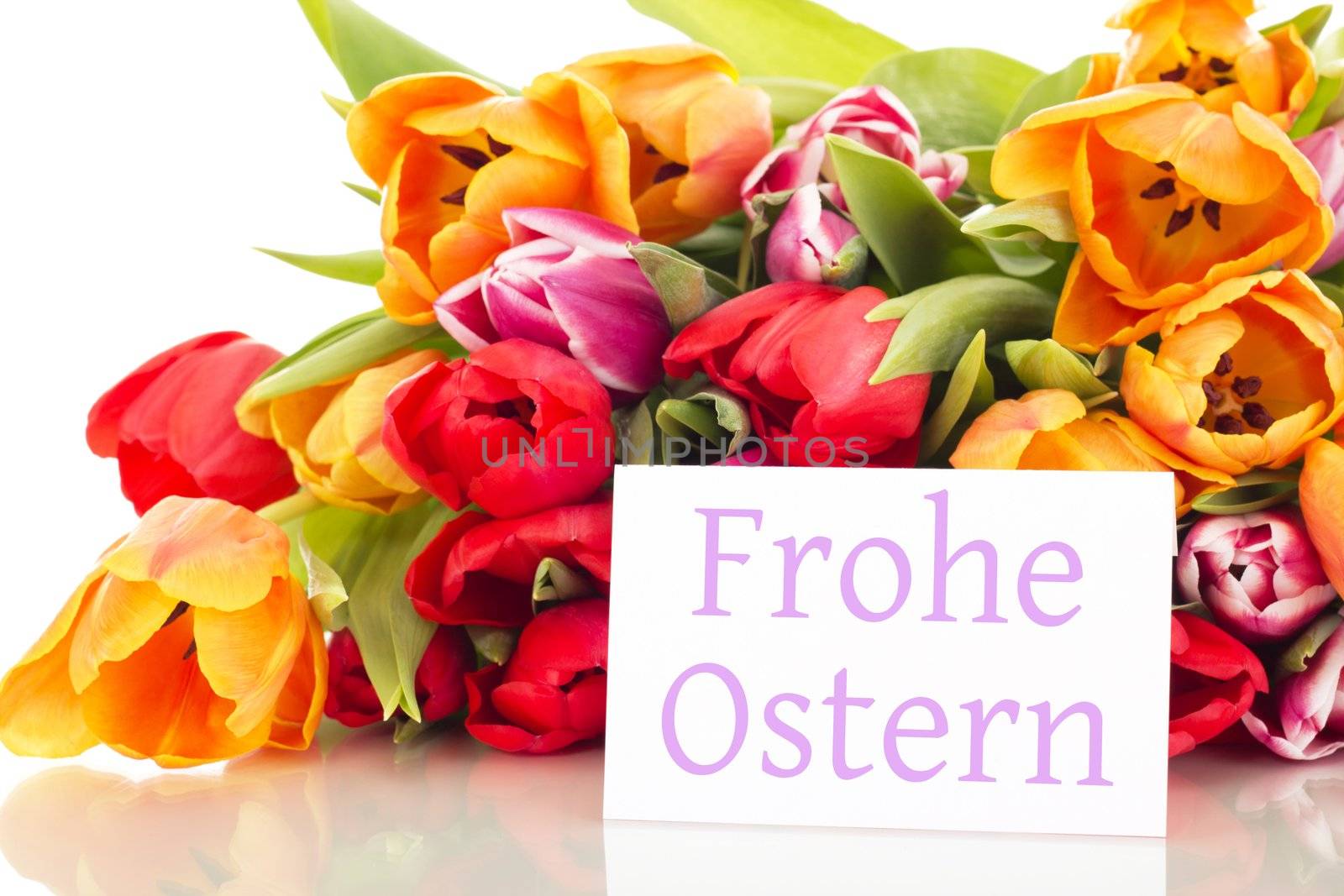 Bunch of tulips with card: happy easter