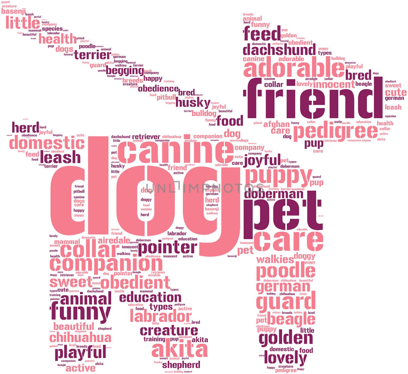 Dog and leash symbol tag cloud pictogram with red words on a white background