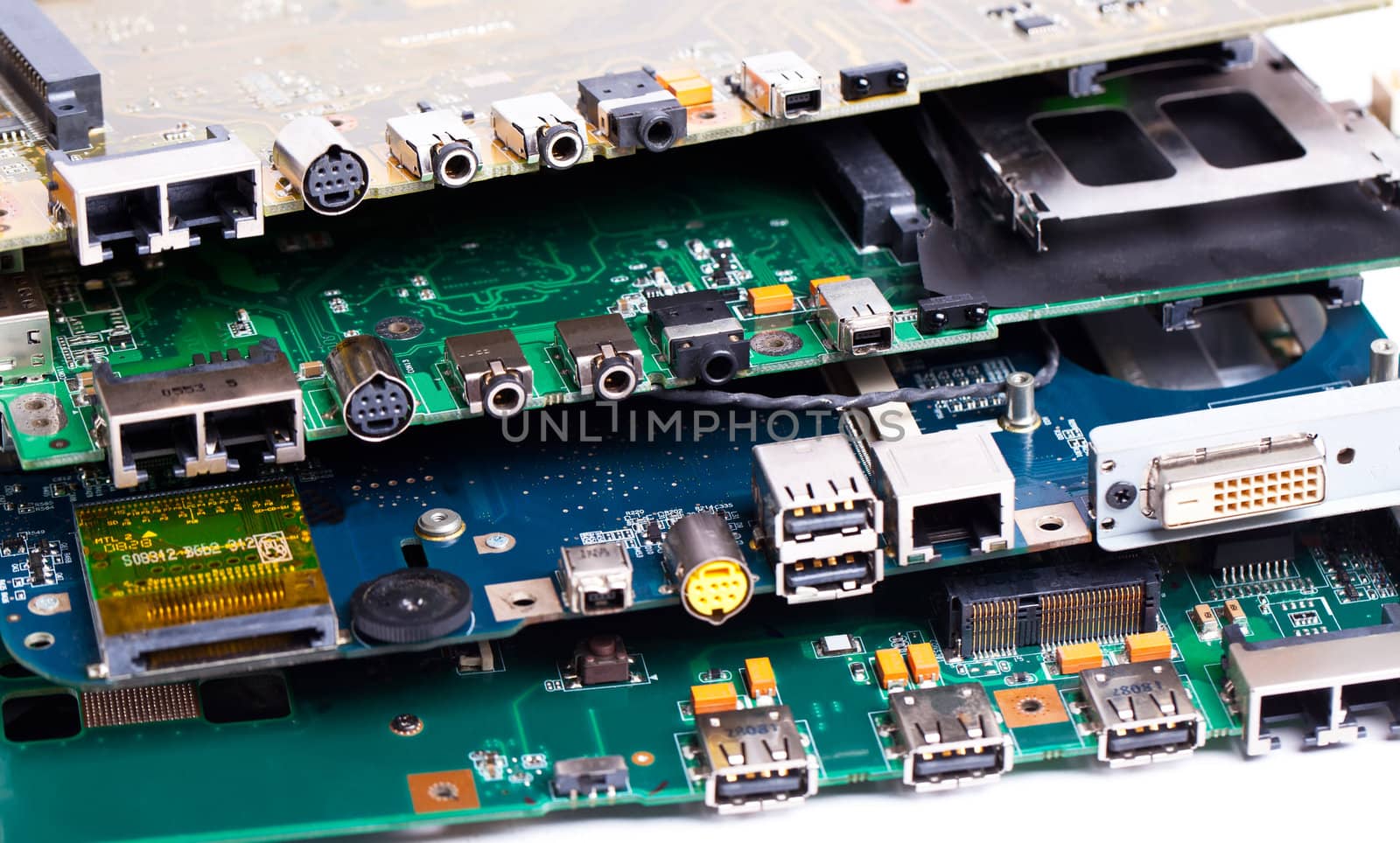 Laptop motherboards different plugsclose view on detail