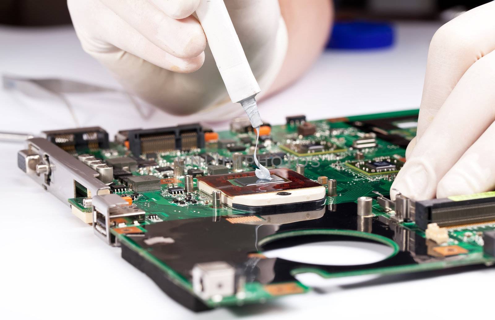 Man in white gloves Installing laptop thermal compaund on processor