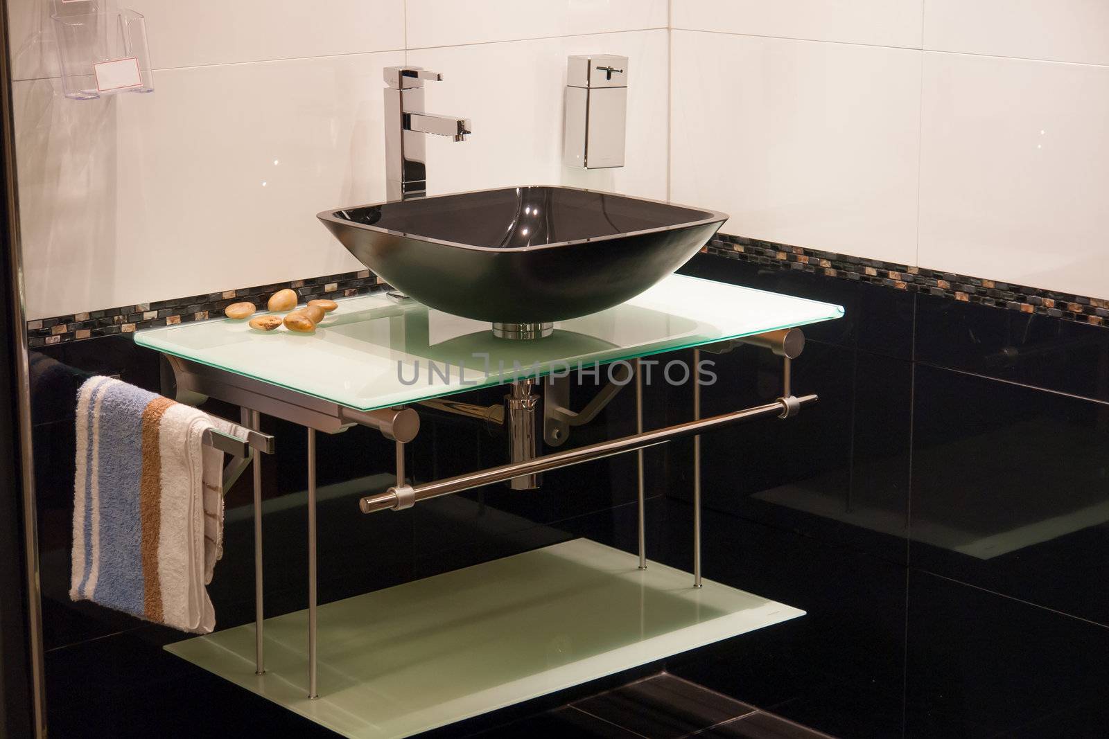 Beautiful Large Modern Trendy Design Bathroom with Glass Elements in Luxury Home