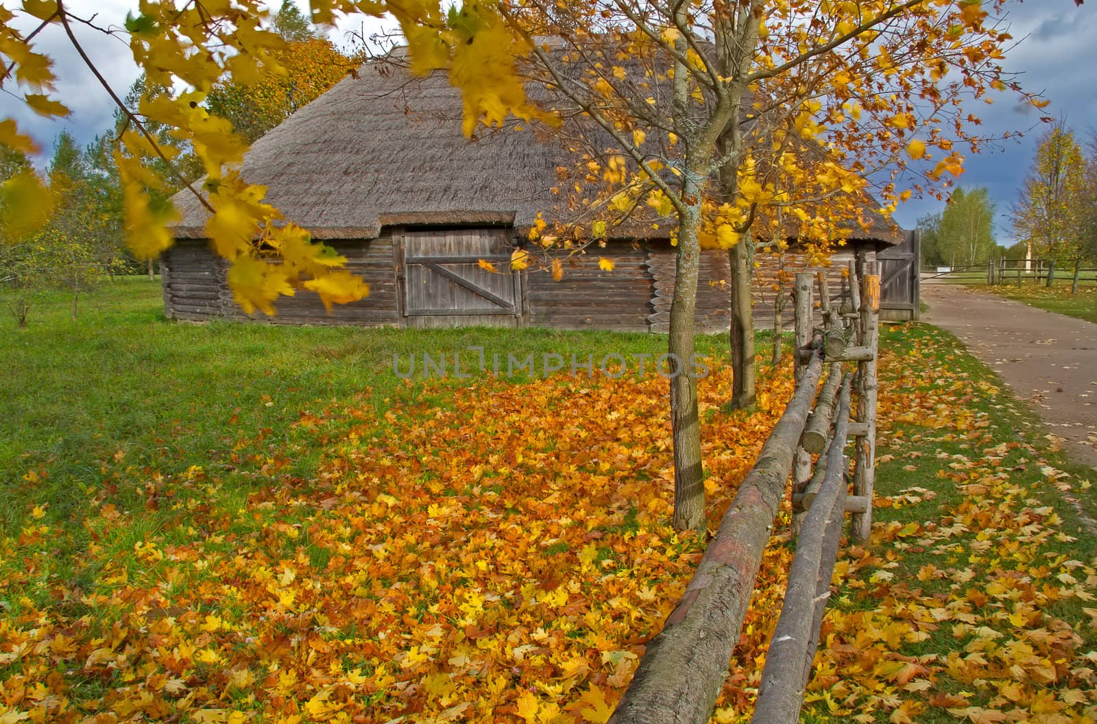 Autumn rural landscape with road and a barn in the background