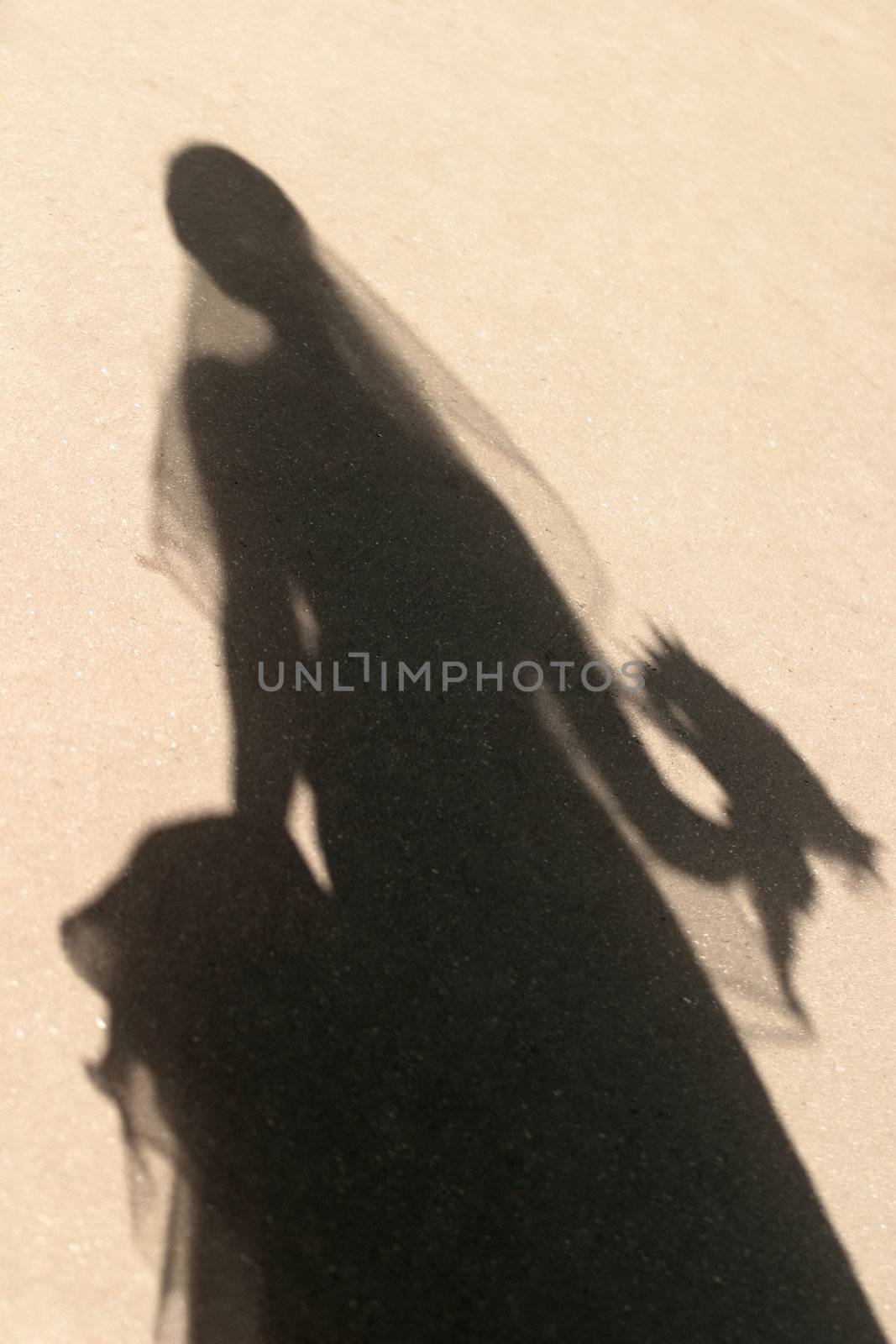 Shadow of the bride with a bouquet on asphalt