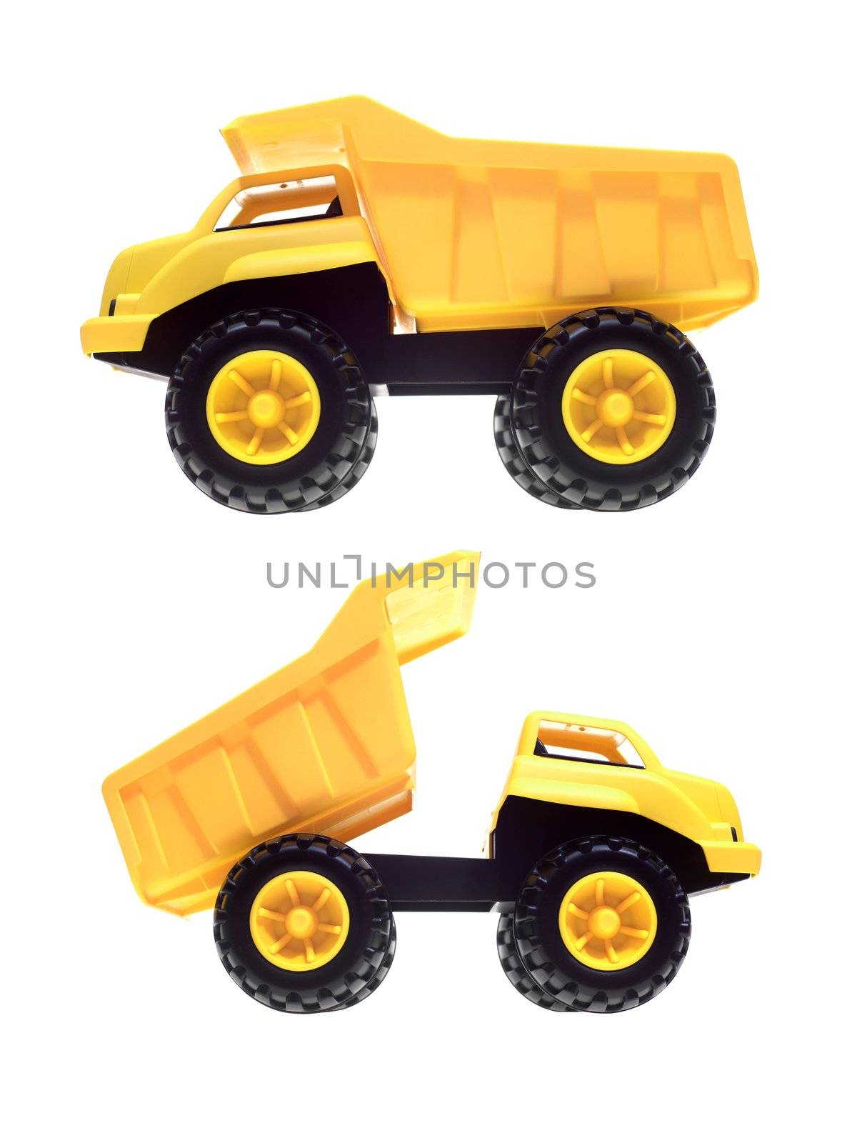 A toy dump truck isolated against a white background