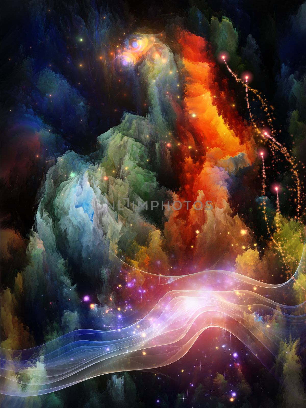 Never Worlds series. Design composed of colorful dimensional fractal worlds as a metaphor on the subject of fantasy, dreams, creativity,  imagination and art