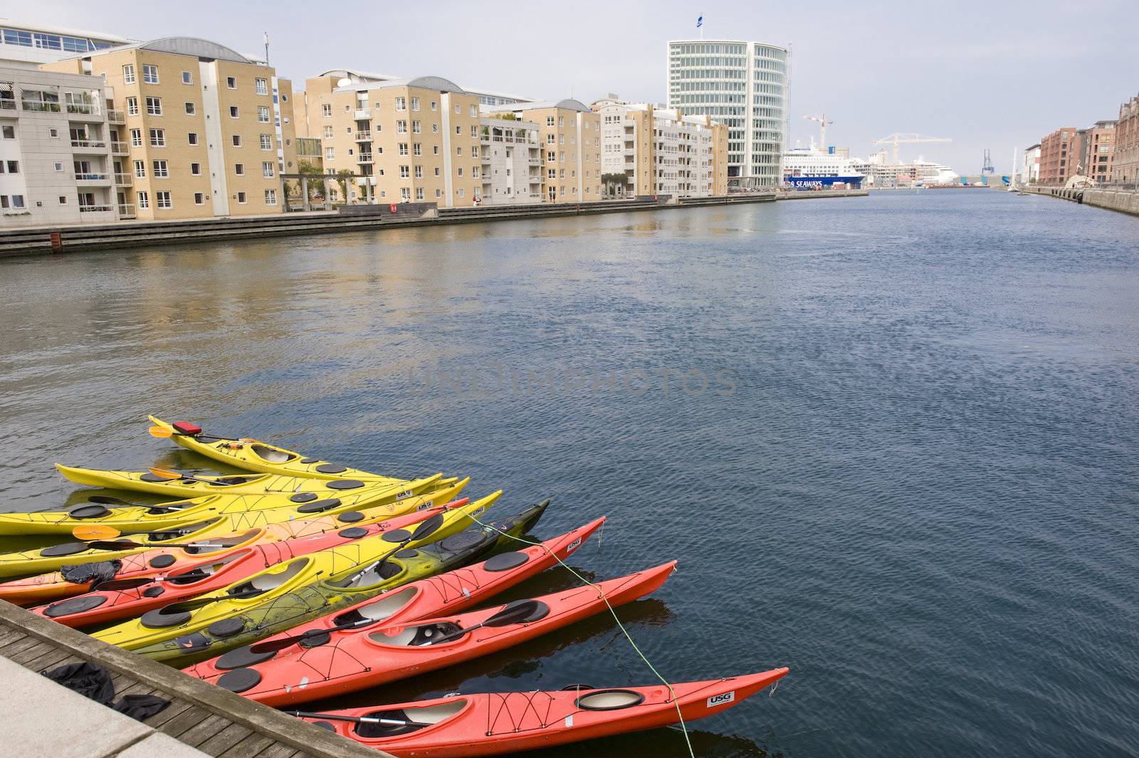 Parking sports canoes in Copenhagen, Denmark. Taken on June 2012.
