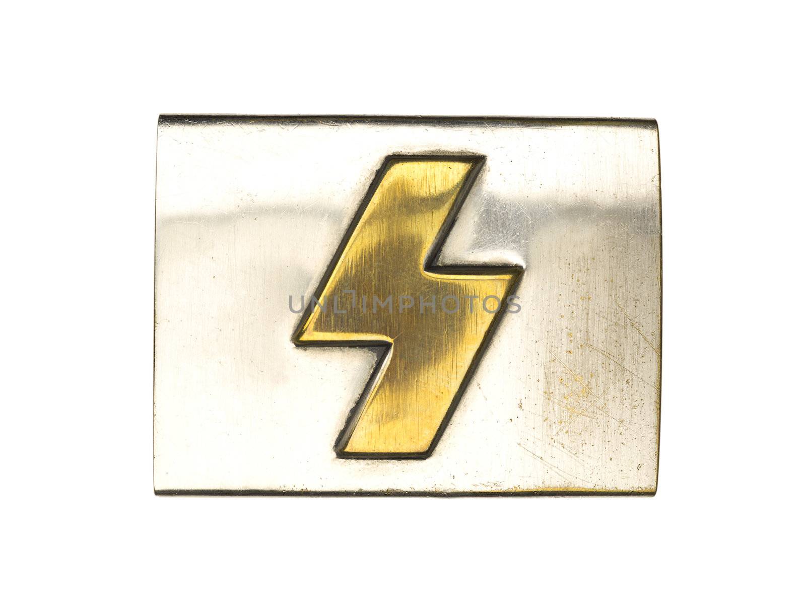 Close-up shot of a silver German belt buckle with a golden sign on it.