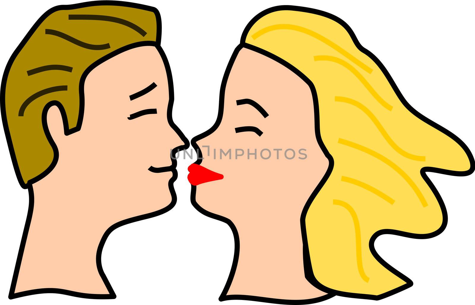 Wide line drawing of man getting close to kiss woman.