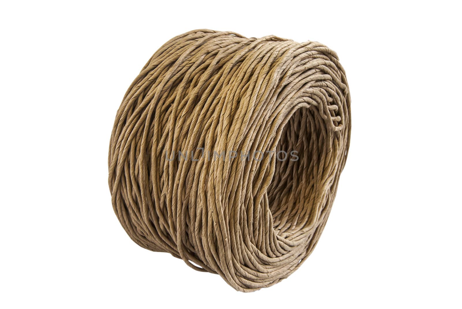 Thick twisted paper cord roll closeup isolated on white background