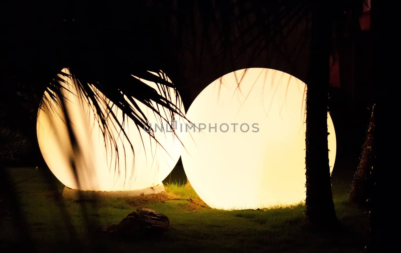 Outdoor round lights at night with palm leaves