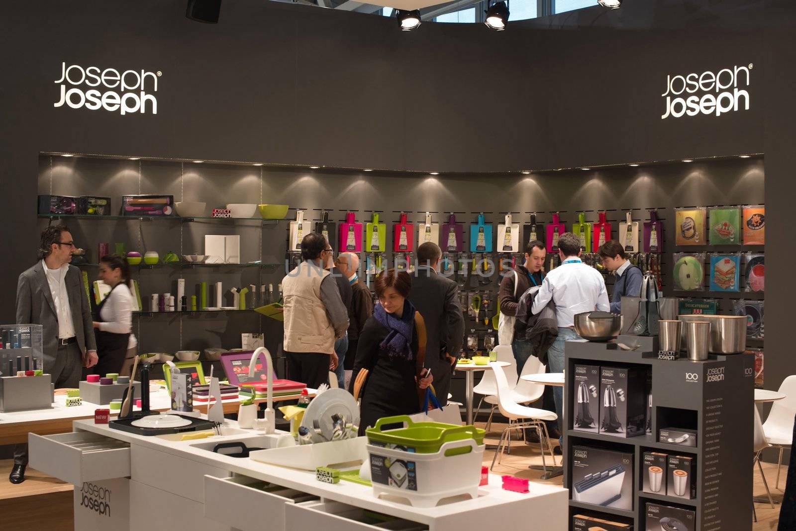 FRANKFURT, GERMANY – FEBRUARY 16, 2013: Booth of UK company Joseph Joseph presenting innovative homeware on the Ambiente trade fair on February 16, 2013 in Frankfurt, Germany. Ambiente is the biggest exhibition for consumer goods worldwide. Joseph Joseph was founded by twin brothers Richard and Antony Joseph in 2003.
