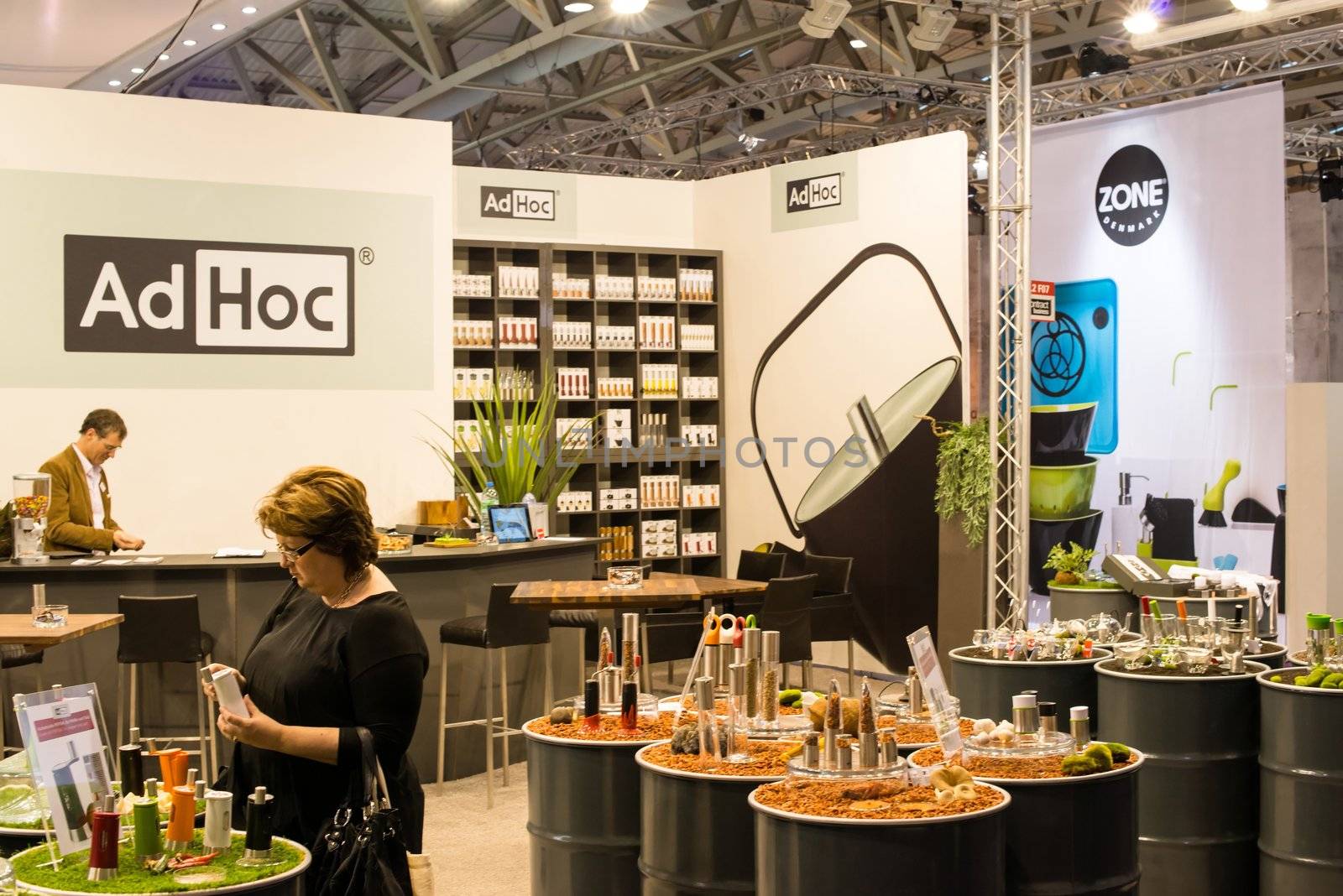 FRANKFURT, GERMANY – FEBRUARY 16, 2013: Booth of German company AD HOC on the Ambiente trade fair on February 16, 2013 in Frankfurt, Germany. Ambiente is the biggest exhibition for consumer goods worldwide. AD HOC was founded by Frank Kaltenbach and distributes products with a focus on aesthetics and design.