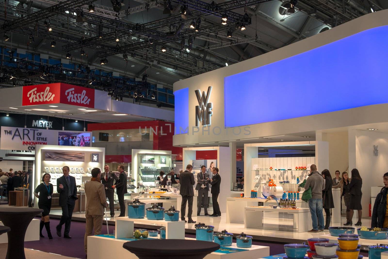 FRANKFURT, GERMANY – FEBRUARY 16, 2013: Booths on the Ambiente trade fair on February 16, 2013 in Frankfurt, Germany. Ambiente is the biggest exhibition for consumer goods worldwide. WMF and Fissler are amongst the largest German brands for kitchen and home accessories.