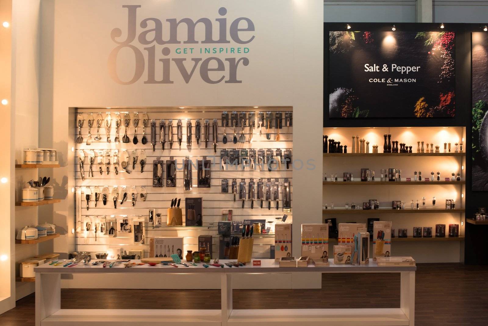 FRANKFURT, GERMANY – FEBRUARY 16, 2013: Presentation of Jamie Oliver products on the booth of the Swiss company DKB - Diethelm Keller Brands AG on the Ambiente trade fair on February 16, 2013 in Frankfurt, Germany. Ambiente is the biggest exhibition for consumer goods worldwide. Swiss DKB holds licences of Jamie Oliver products and other companies.
