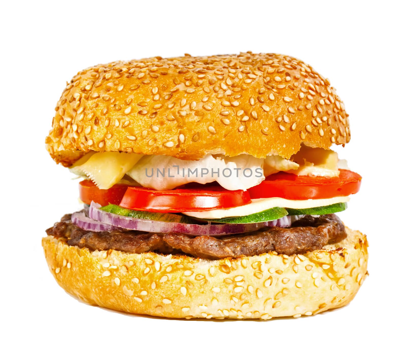 Beef burger with vegetables isolated on white background