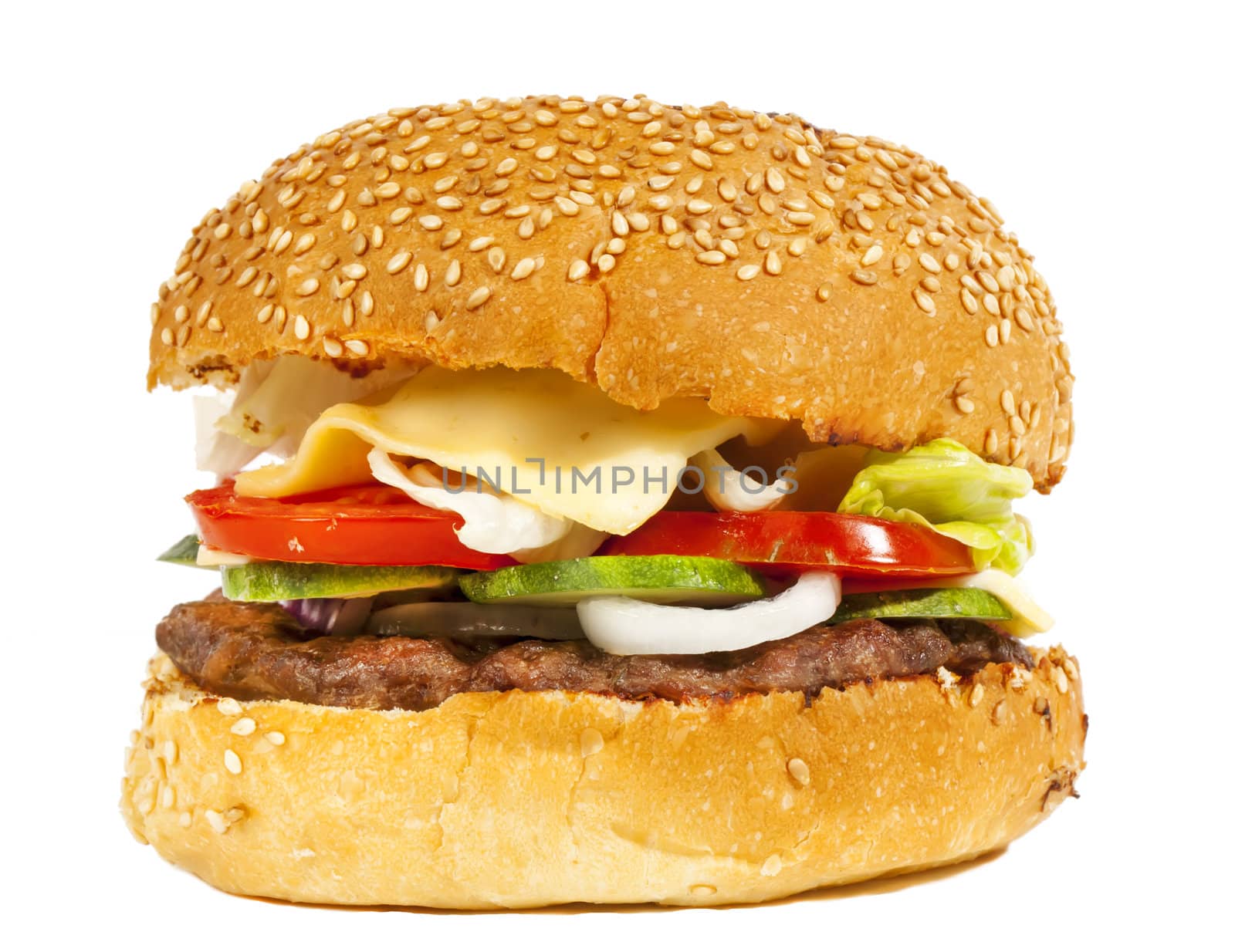 Tasty burger with vegetables isolated on white
