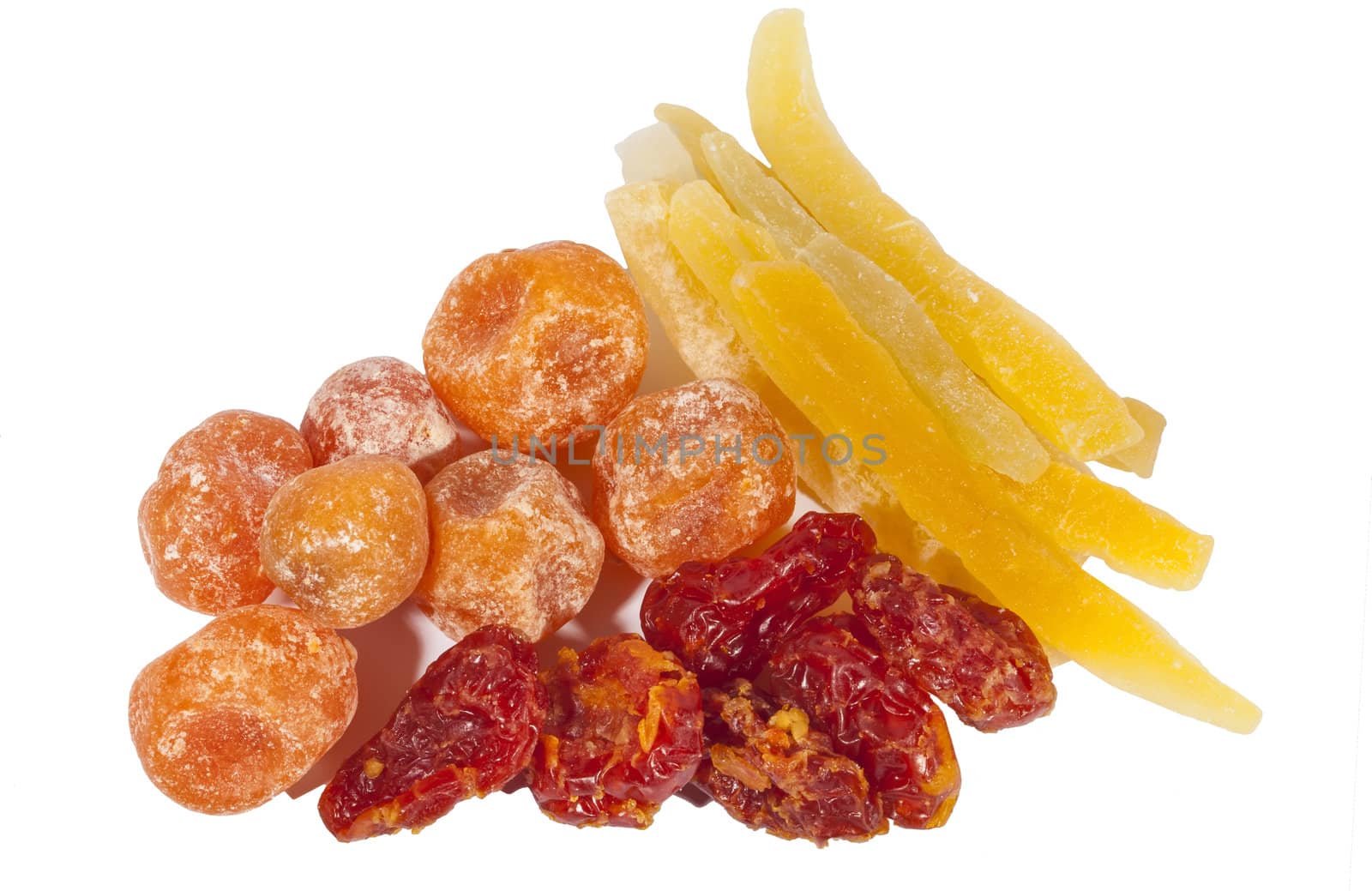 Dried fruits composition on white background
