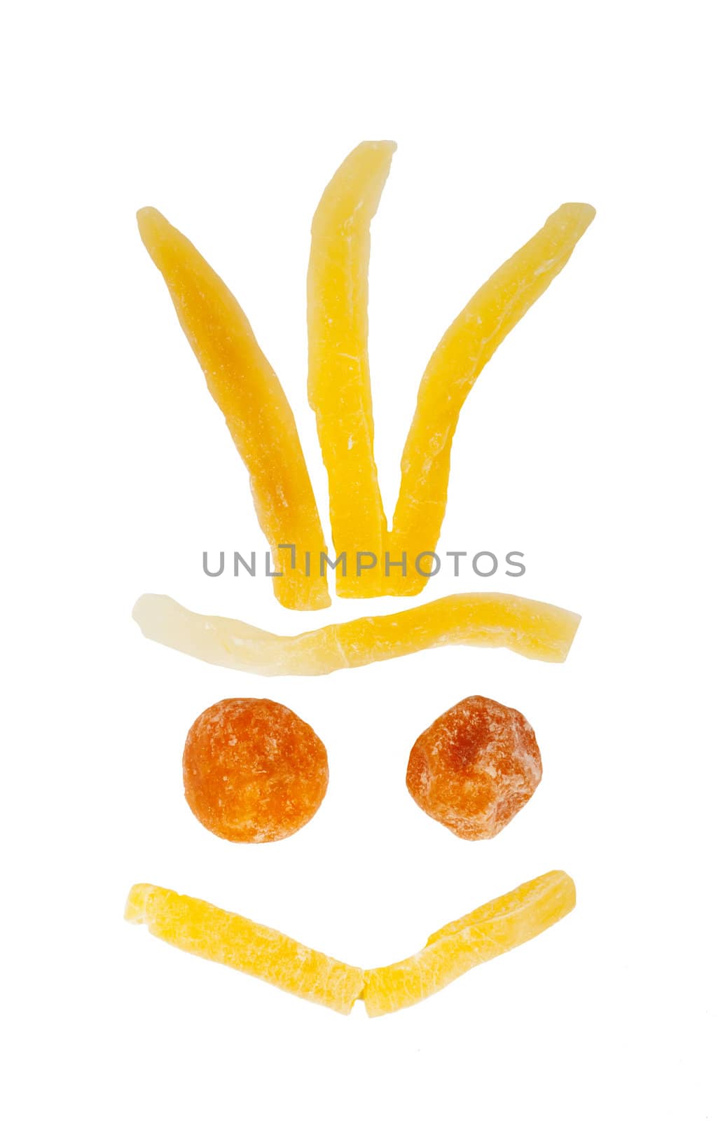 Funny shape made with dried sweet fruits isolated on white