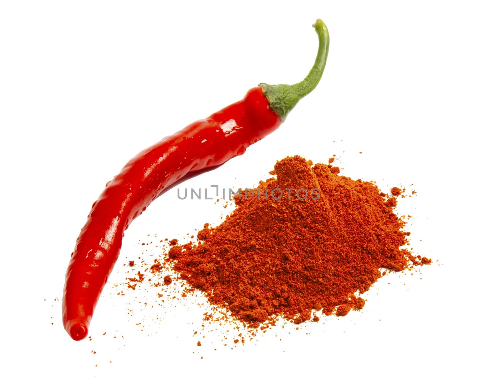 Red chili pepper and red pepper spice isolated on white