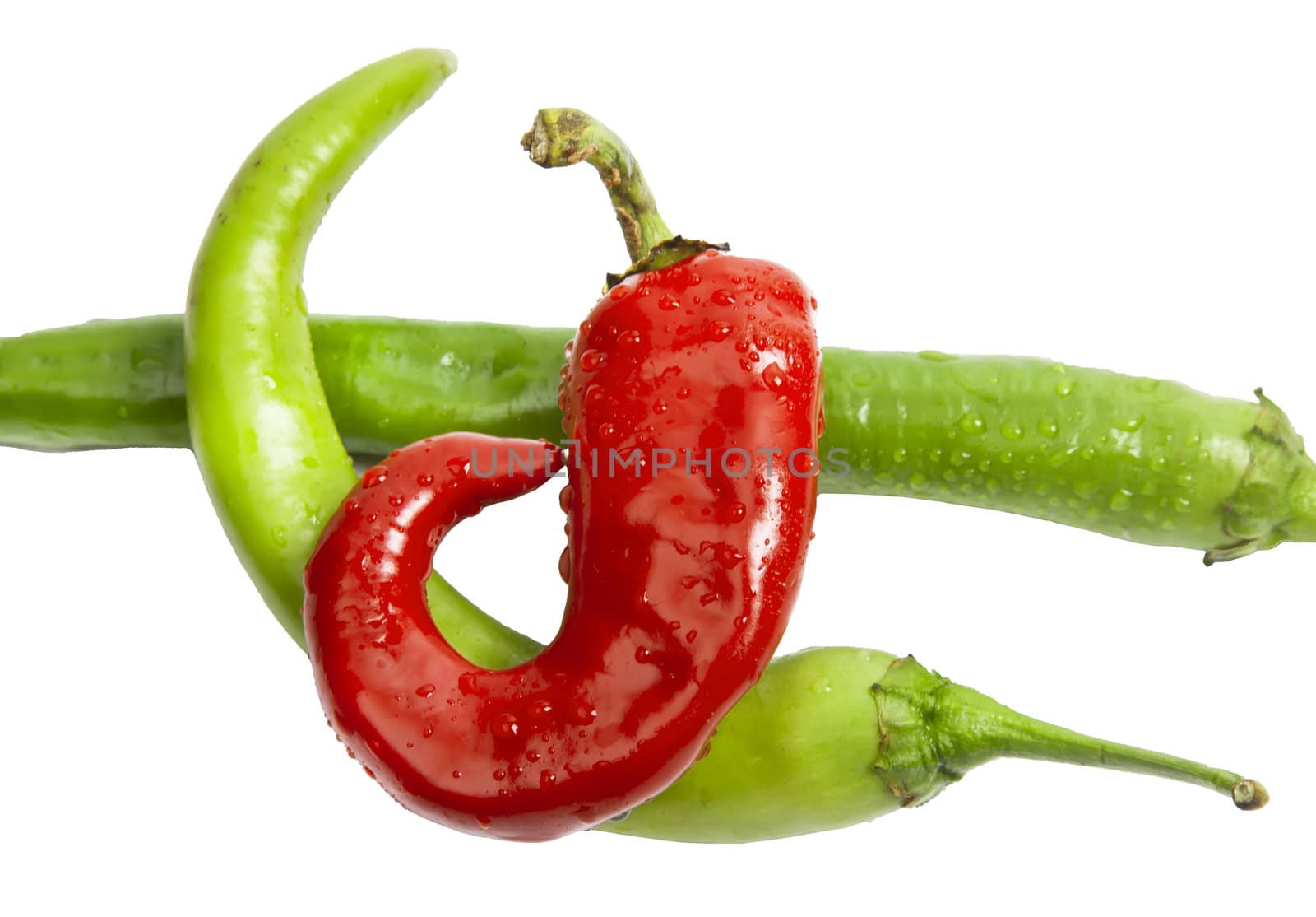 Straight green pepper and small red chili pepper