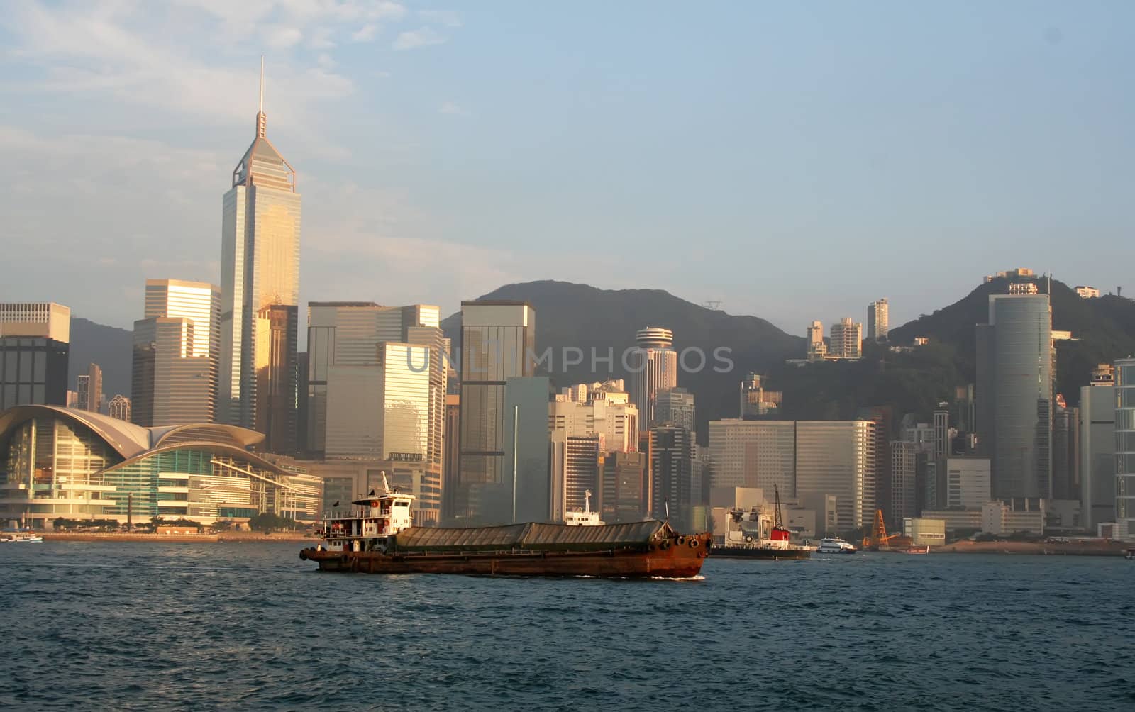 Hong Kong harbour and ships on sunset