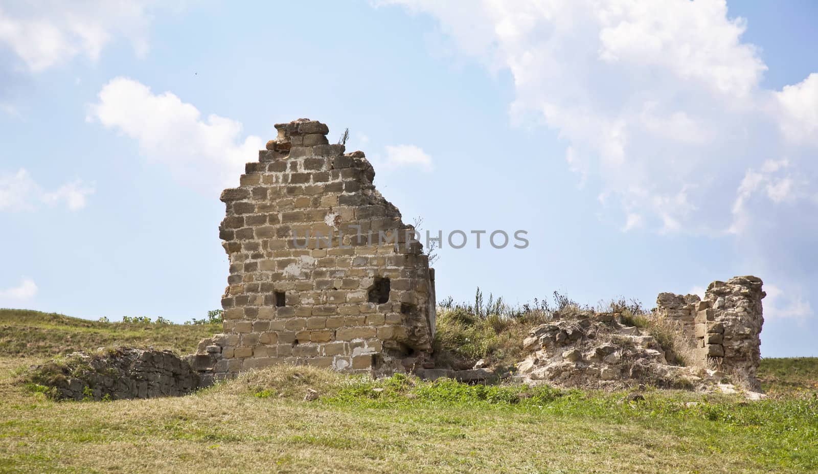 Hotin castle with ruins in summer in ukraine