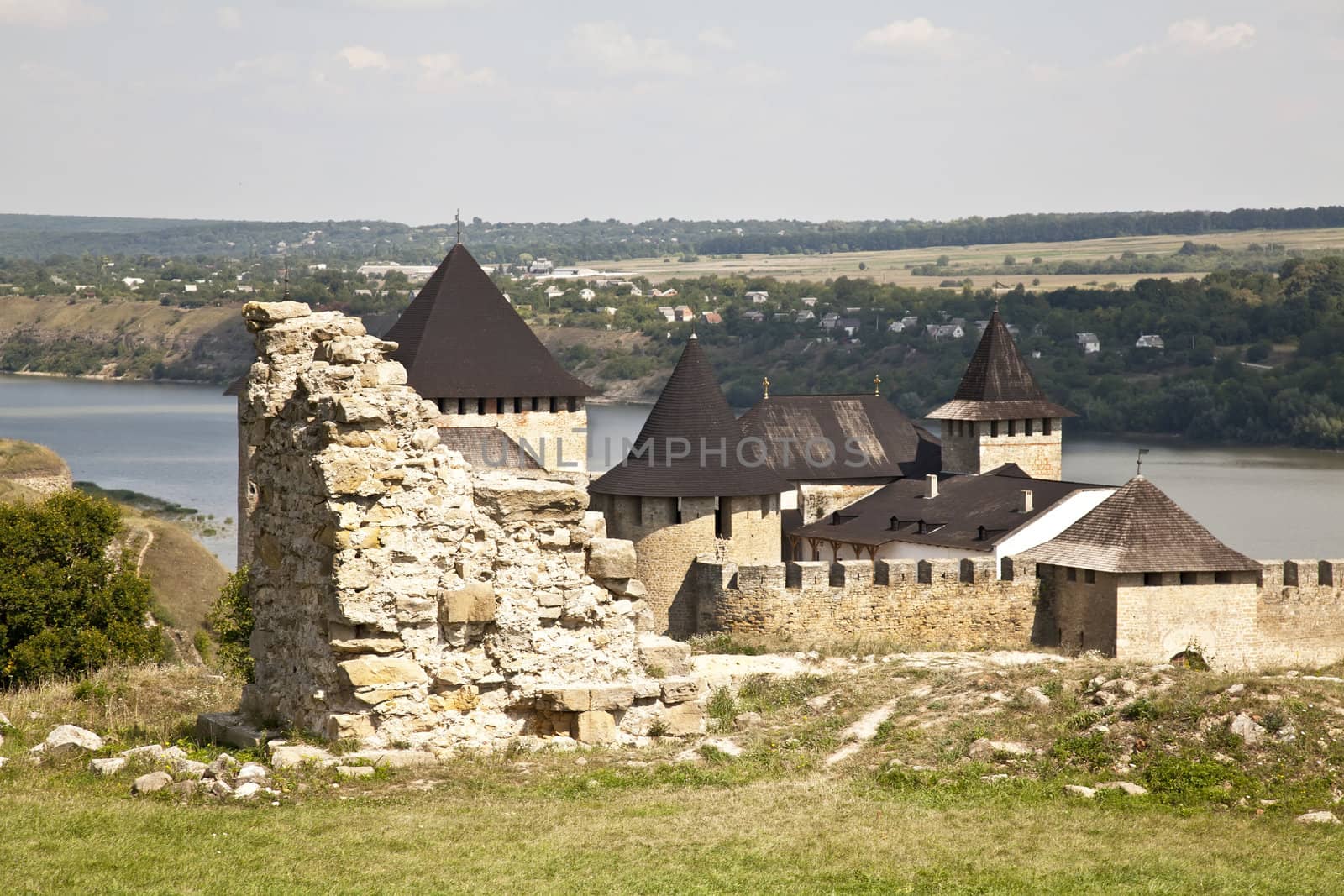 Hotin castle with ruins in summer in ukraine