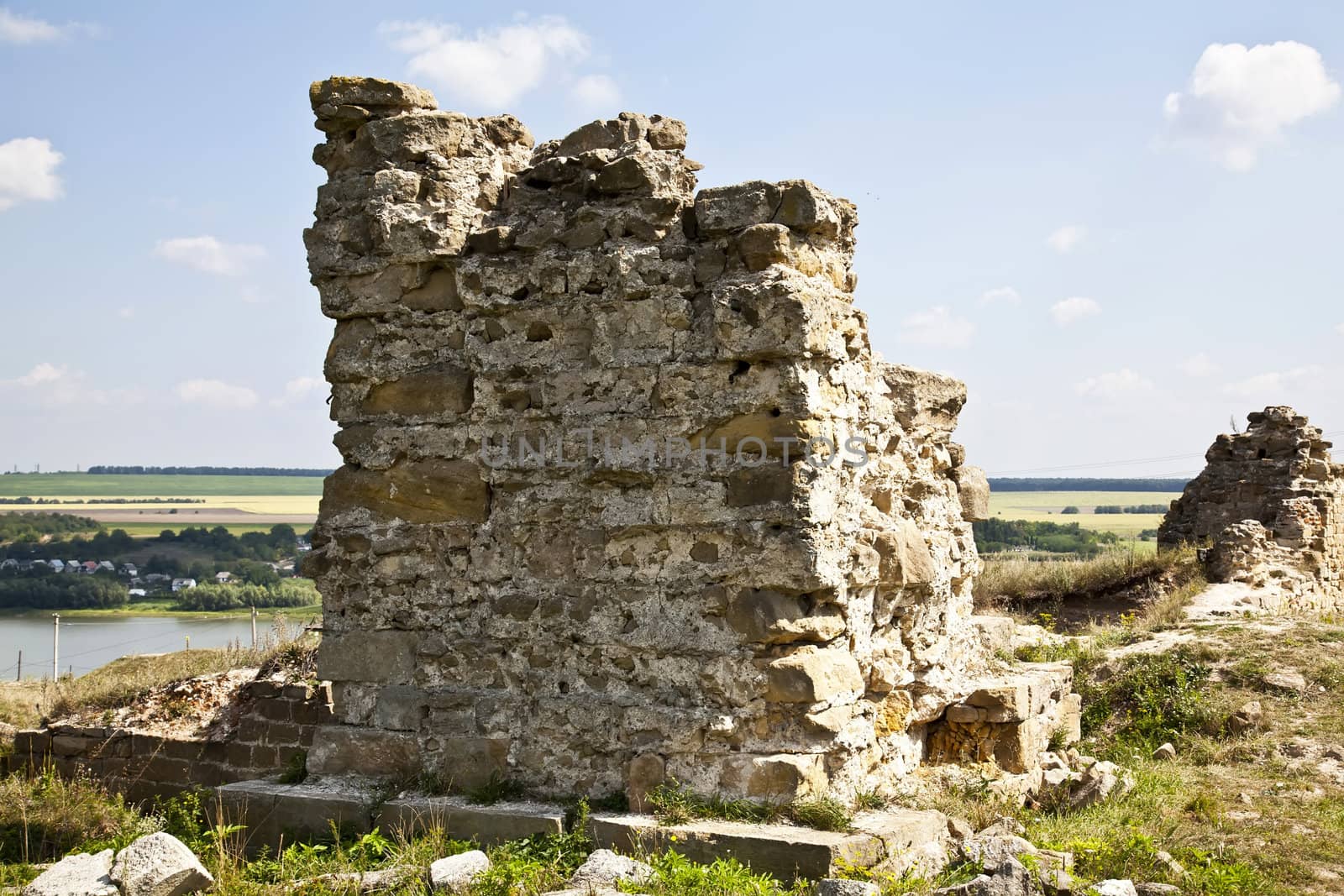 Ruins near Hotin castle in summer in Ukraine