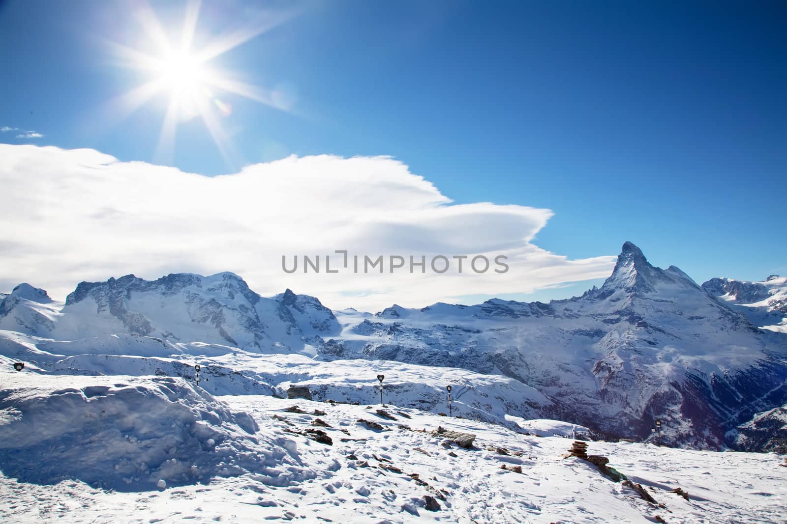 Winter sunny landscape in Zermatt Switzerland