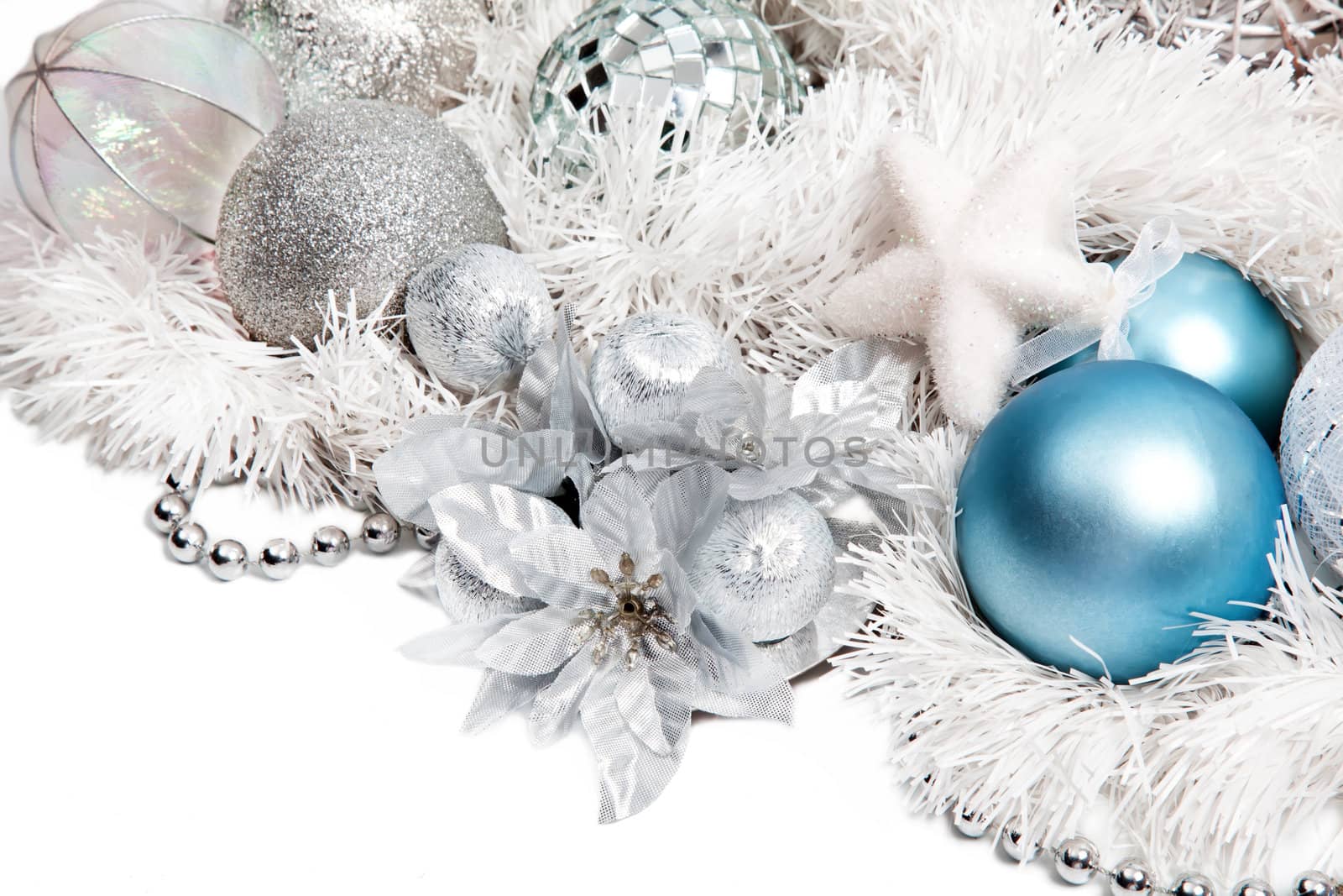 Christmas composition with blue ball and silver flower by RawGroup