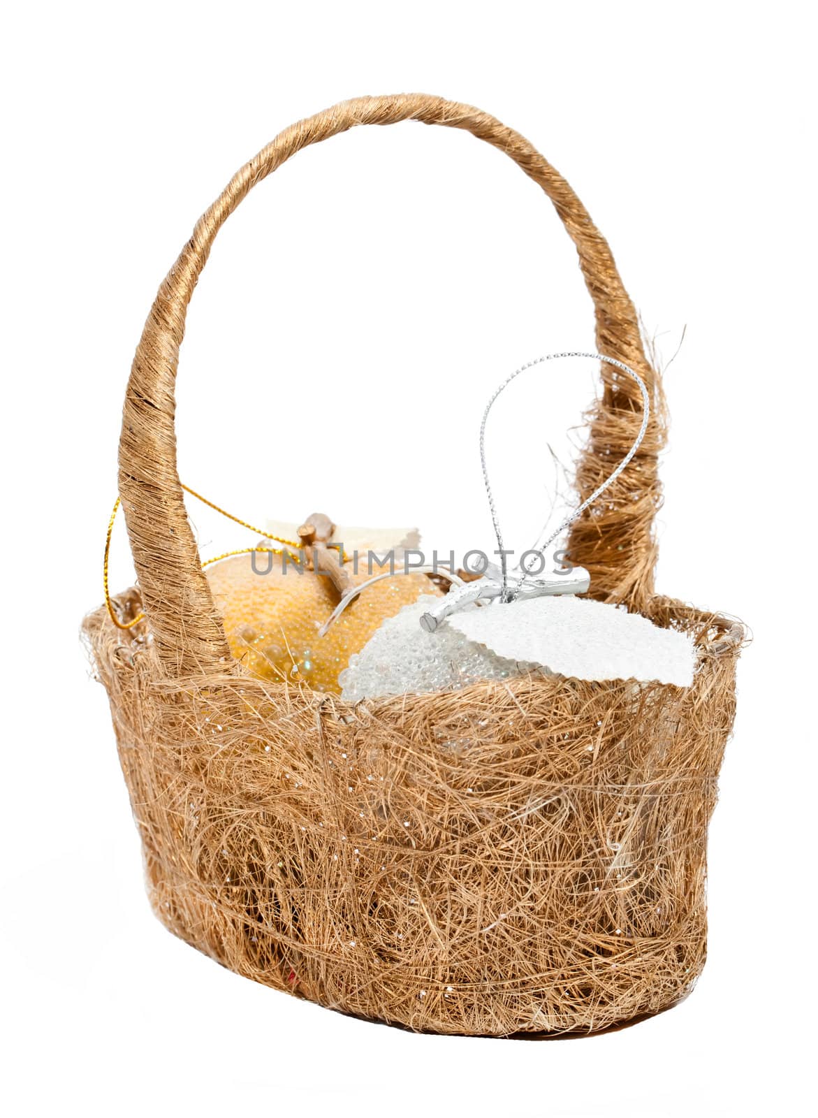 Christmas decoration basket with golden and silver apples