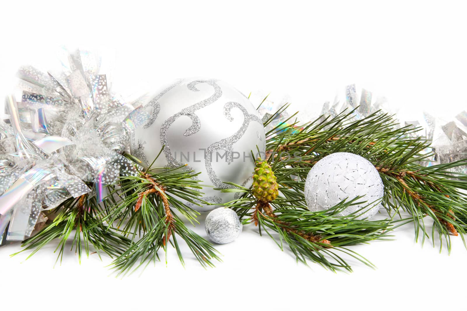 Fir tree evergreen branch with new year decorations