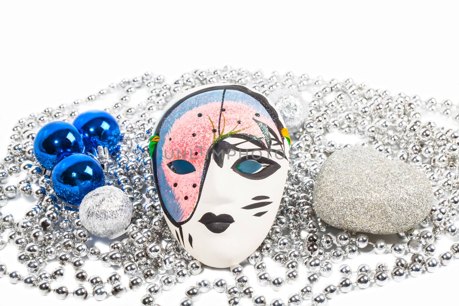 Mask with silver beads and blue balls isolated on white